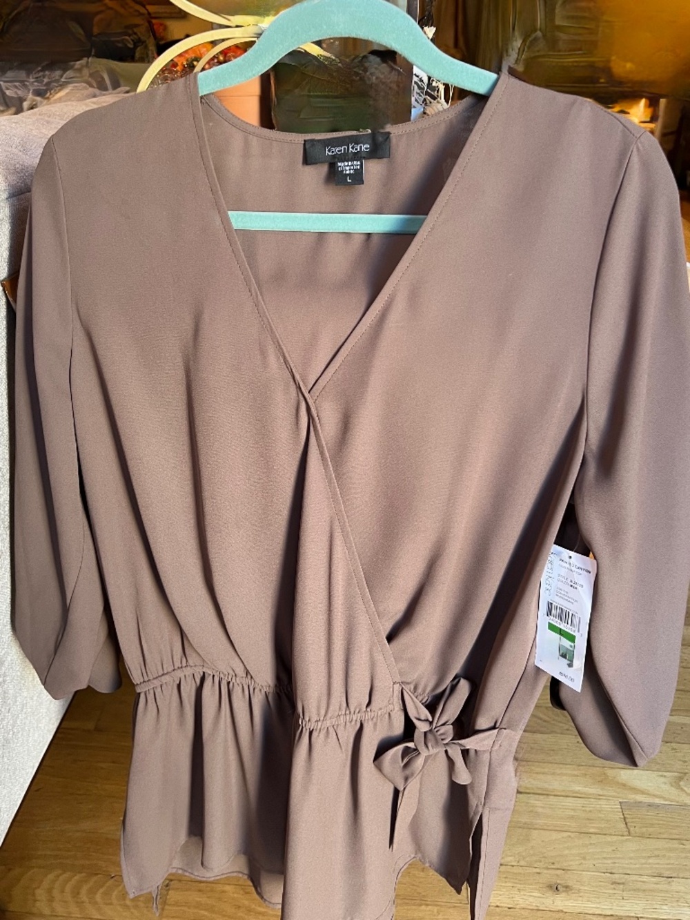 Karen Kane Faux Wrap Top Painted Canyon Long Sleeves Shortens w/Buttons Taupe